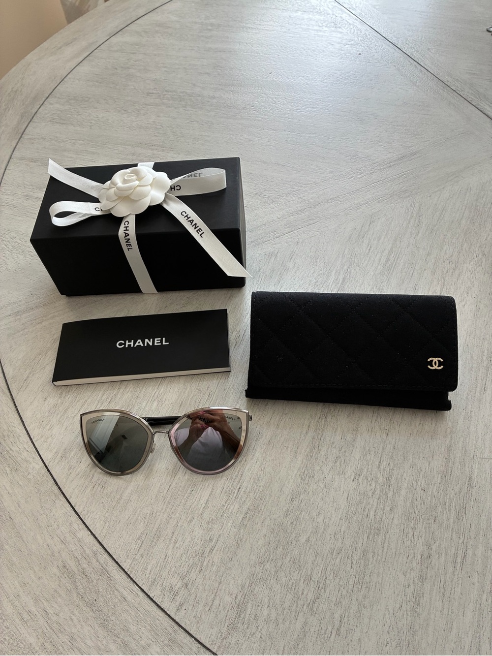 CHANEL Silver Cat-Eye Mirror Sunglasses with Quilted Case
